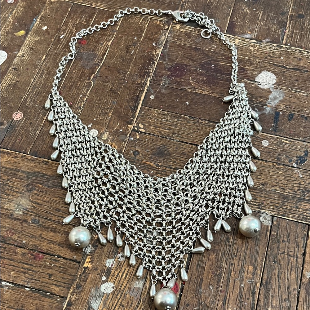 Silver Tone Chainmail Fringe mesh Statement Necklace , choker like, pearl drops